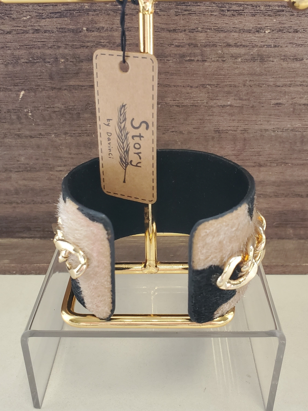 Black & Cream Faux Animal Print Cuff Bracelet with Gold Bee Accent - Picture 5 of 5